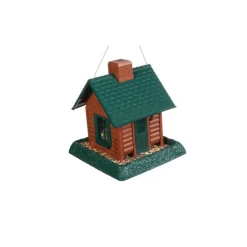North States Log Cabin Wild Bird 1 lb Plastic Log Cabin Hopper Bird Feeder 4 ports