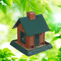 North States Log Cabin Wild Bird 1 lb Plastic Log Cabin Hopper Bird Feeder 4 ports