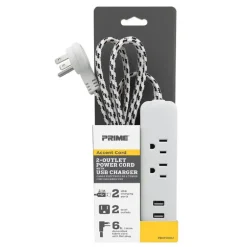 Prime 6 ft. L 2 outlets Power Strip with USB Ports Gray/White