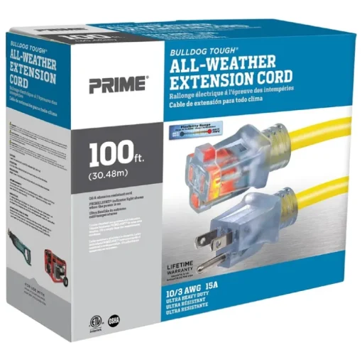 Prime Bulldog Tough Outdoor 100 ft. L Yellow Extension Cord 10/3