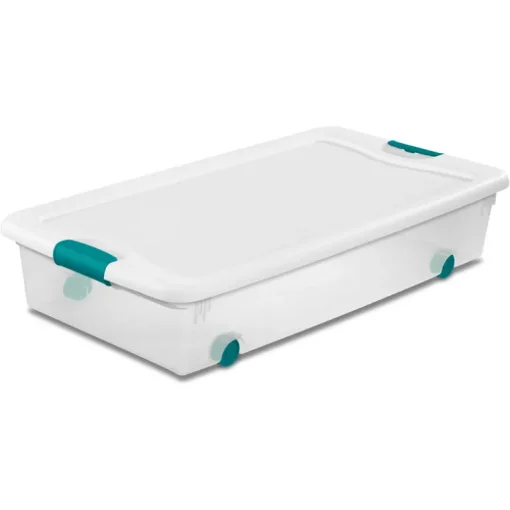 Sterilite 14988004 56 Quart White/Clear Plastic Storage Box With Blue Aquarium Latches & Wheels (Pack of 4)