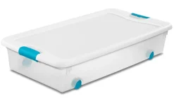 Sterilite 14988004 56 Quart White/Clear Plastic Storage Box With Blue Aquarium Latches & Wheels (Pack of 4)