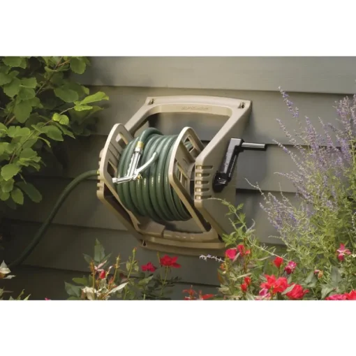 Suncast Hose Handler Taupe Resin Retractable Wall Mounted Hose Reel 100 ft. Capacity