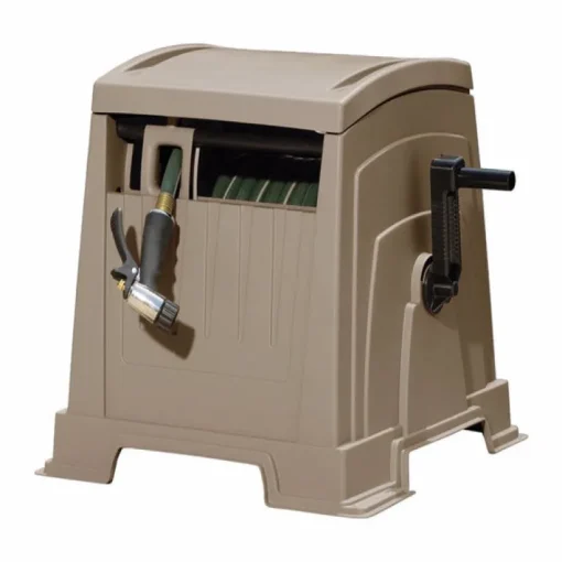 Suncast Slide Trak 165 ft. Free Standing Hideaway Beige Hose Cart with Hose Guide