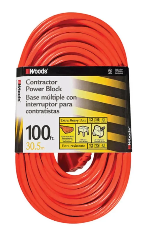 Woods Indoor or Outdoor 100 ft. L Orange Extension Cord 12/3