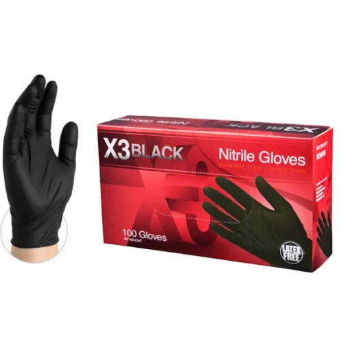 X3 Nitrile Disposable Gloves Medium Black Powder Free 100 pk