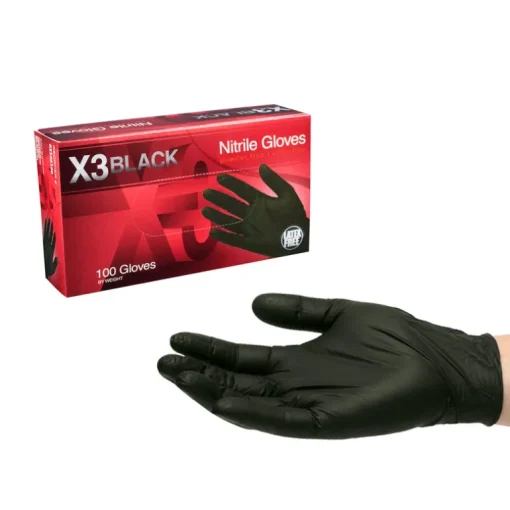 X3 Nitrile Disposable Gloves Medium Black Powder Free 100 pk