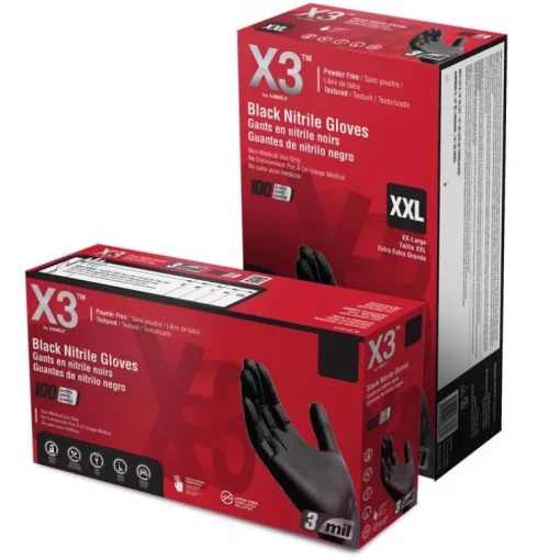 X3 Nitrile Disposable Gloves Medium Black Powder Free 100 pk